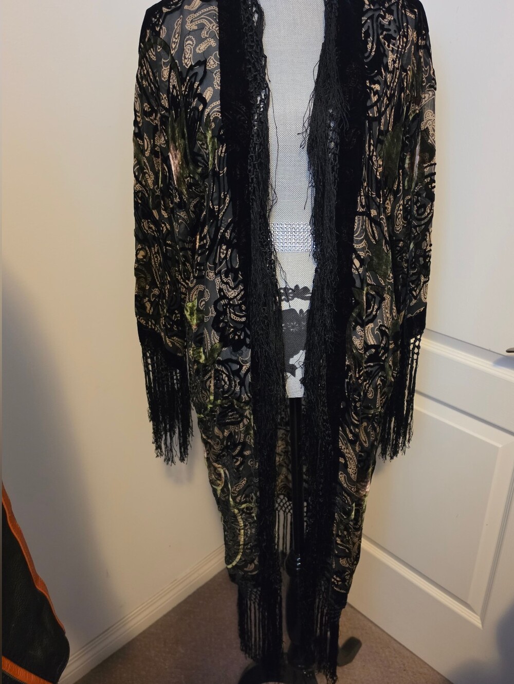 Black Paisley Style Boho Fringe Open-Front Duster
